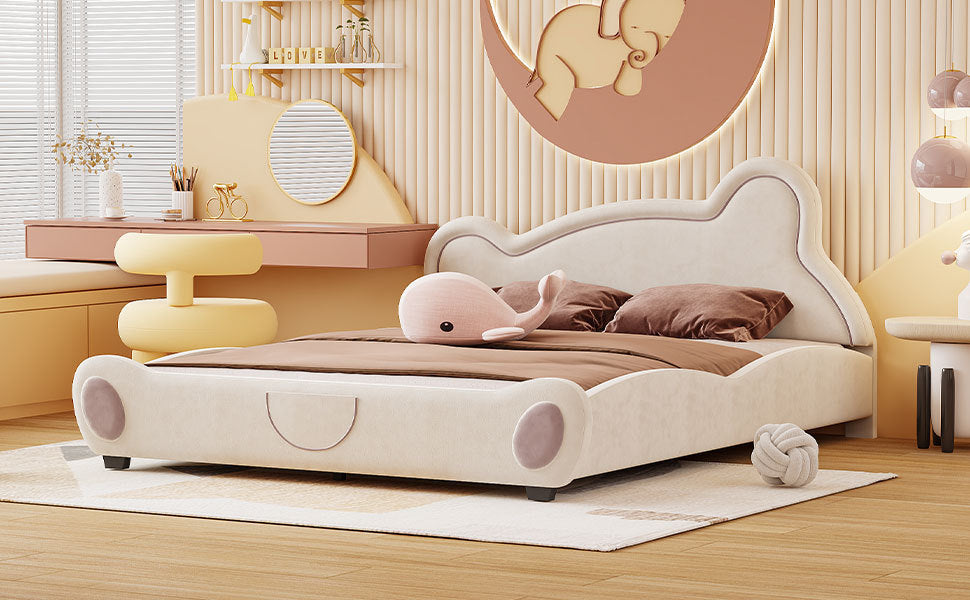 Queen Size Platform Bed with Bear-Shaped Headboard and Storage Pocket, Beige