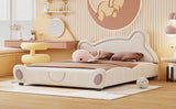 Queen Size Platform Bed with Bear-Shaped Headboard and Storage Pocket, Beige