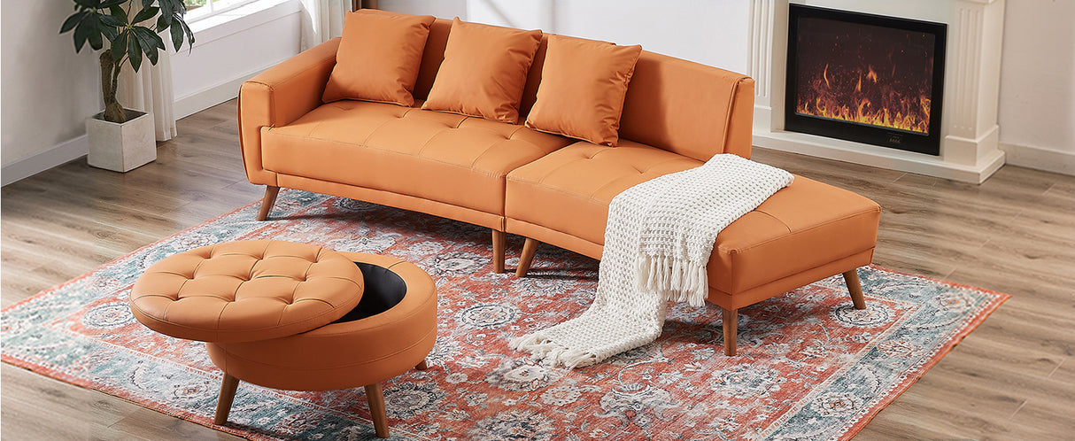 107" Contemporary Sofa with a Round Storage Ottoman and Three Removable Pillows - Orange