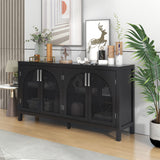 Large Accent Cabinet With Artificial Rattan Door And Metal Handles - Black