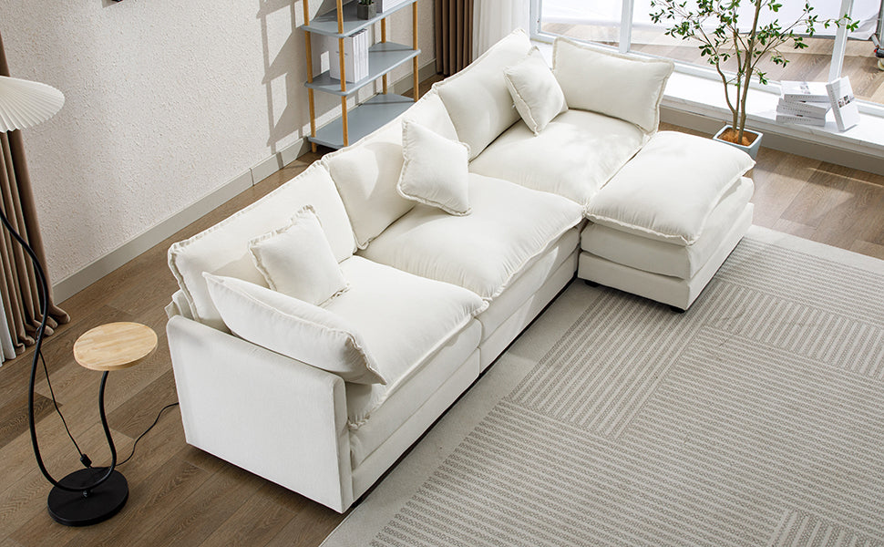 112.2" Chenille Upholstered Sofa with Ottoman and 5 Pillows - Off White