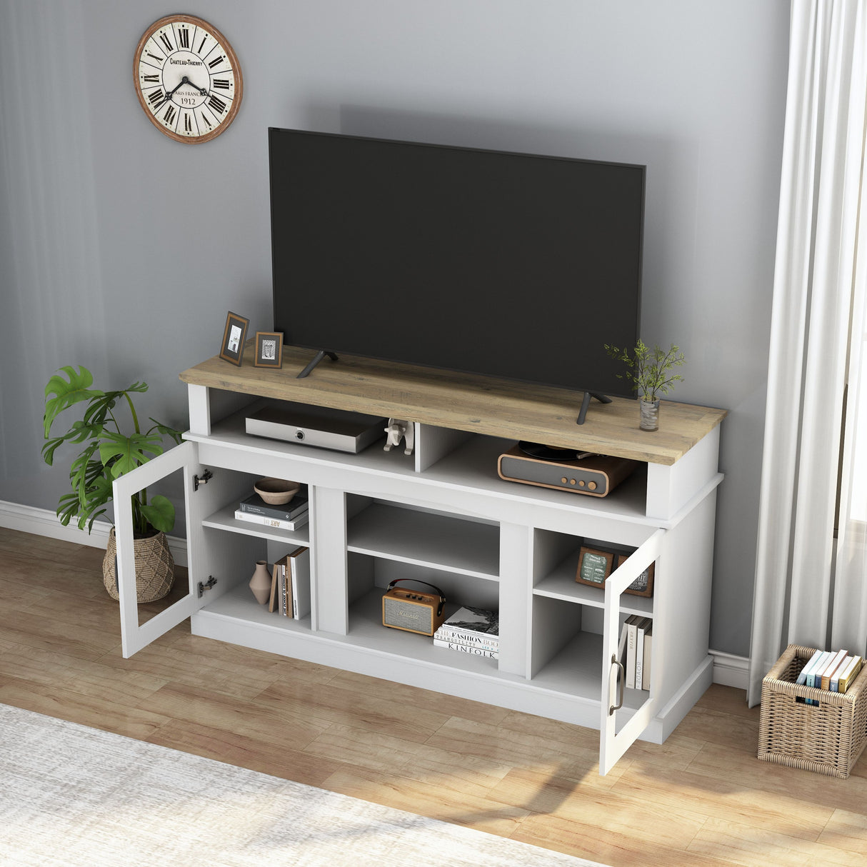 TV Stand With Storage Cabinet And Shelves - White