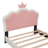 Twin size Upholstered Princess Bed With Crown Headboard, White+Pink