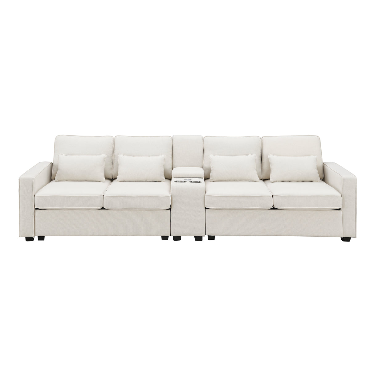 114.2" Upholstered Sofa with Console, 2 Cupholders and 2 USB Ports for Wired or Wireless Charge with 4 Pillows - Beige