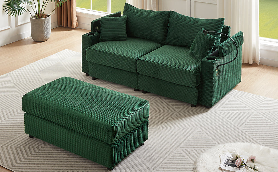 72.8" Modern Style Loveseat with Storage Space, Movable Ottoman, Two USB Ports, Two Cup Holders and Phone Holder - Green