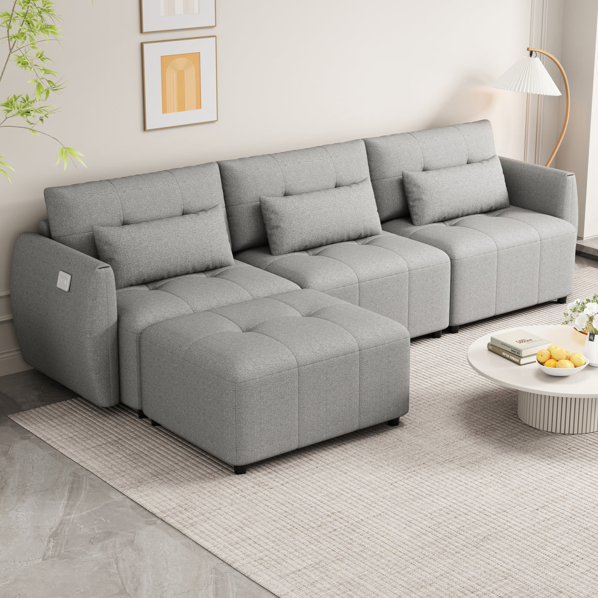 113.3" Modular Sectional Sofa with Ottoman, USB and USB-C Ports, Gray