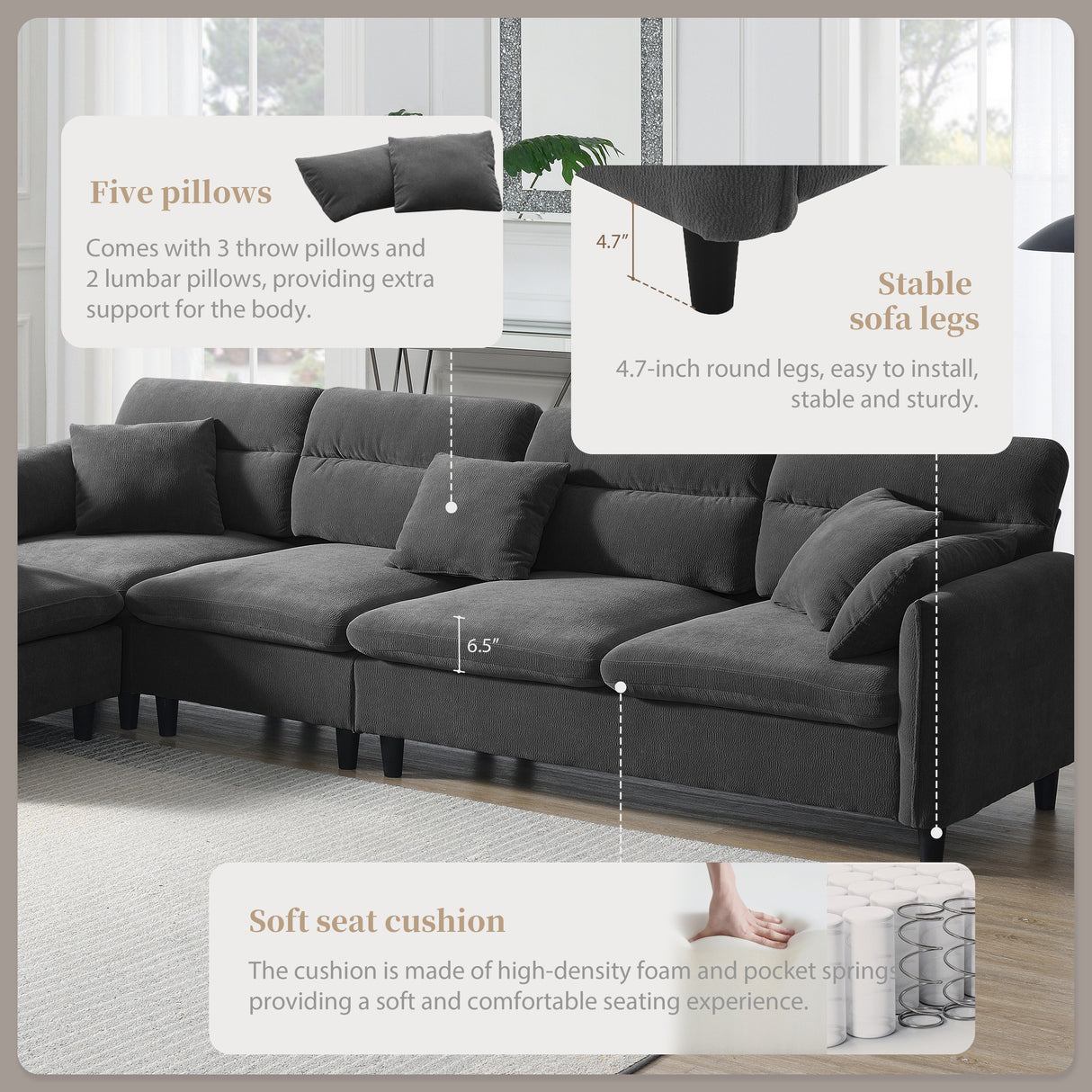 Modern  Sectional Sofa with Pillows and Ottoman - Gray