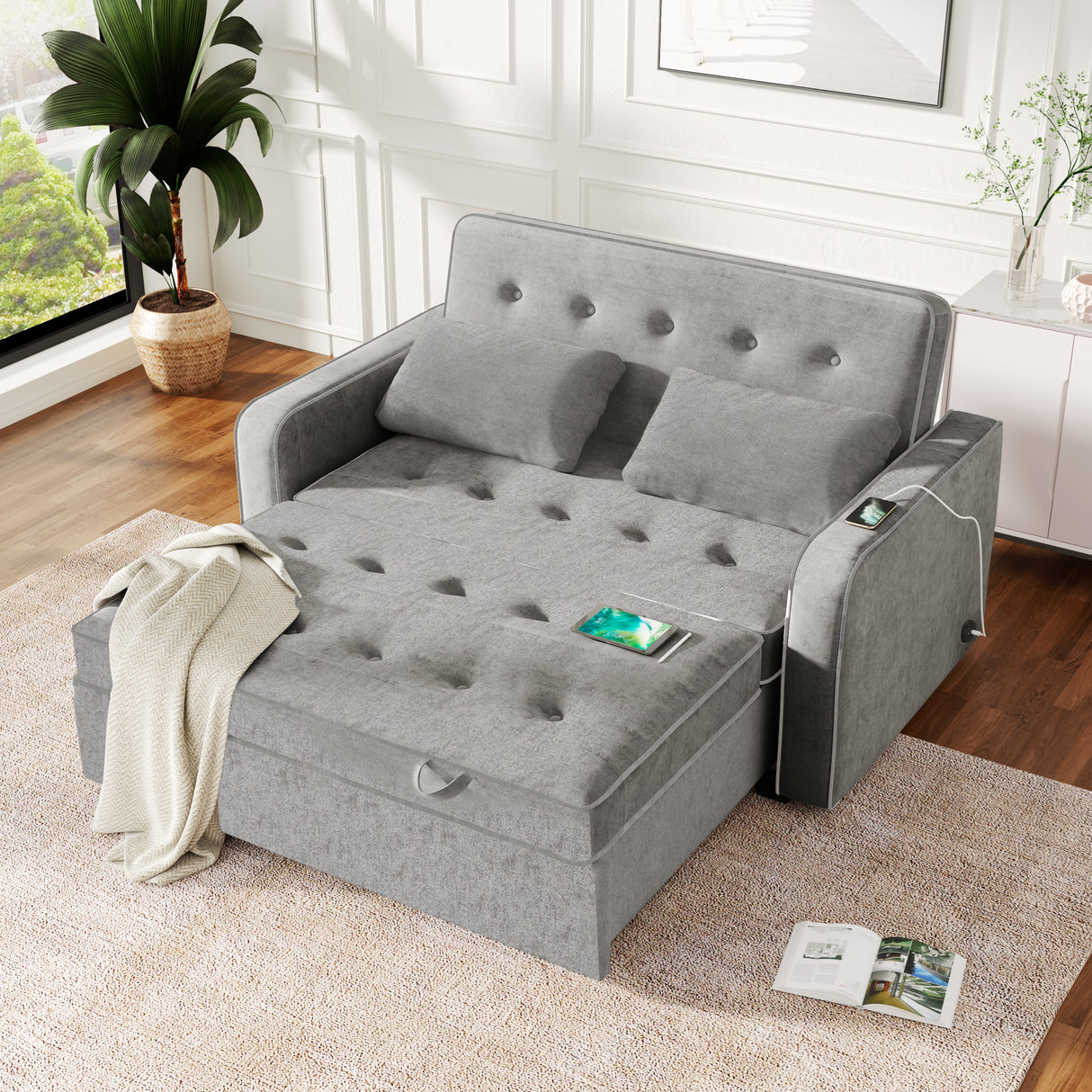 66.5" Upholstered Loveseat With Pull Out Bed, Two Throw Pillows, Dual USB Charging Port and Adjustable Backrest - Light Gray