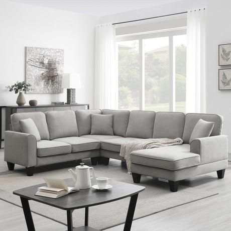 Modern U Shape Sectional Sofa, 7 Seat Fabric Sectional Sofa Set With 3 Pillows Included For Living Room, Apartment, Office