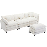 112.2" Chenille Upholstered Sofa with Ottoman and 5 Pillows - Off White