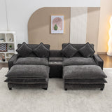 112.6" Chenille Upholstered Sofa with Two Ottomans, Two USB Ports, Two Cup Holders and Large Storage Box -Dark Gray