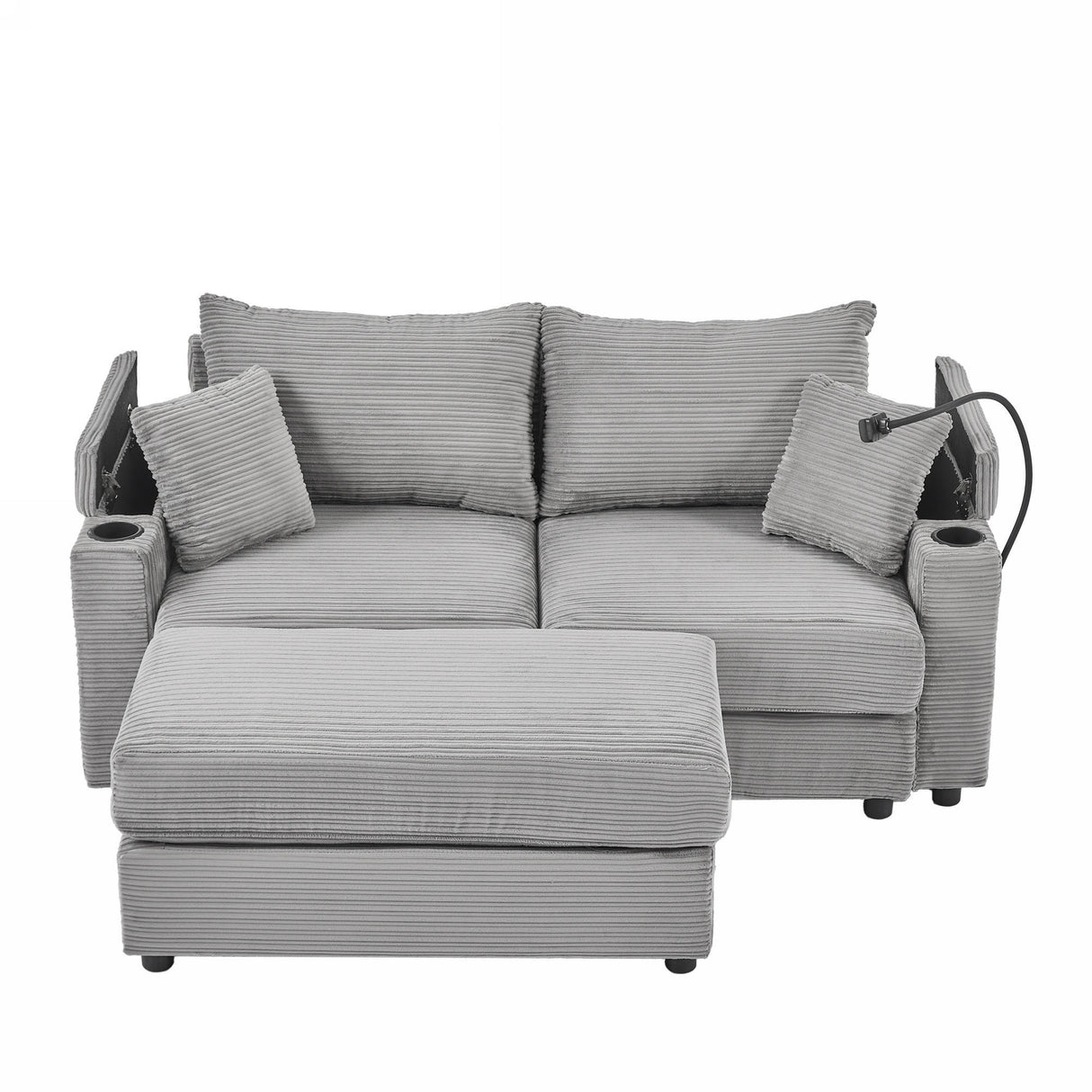 72.8" Modern Style Loveseat with Storage Space, Movable Ottoman, Two USB Ports, Two Cup Holders and Phone Holder - Gray