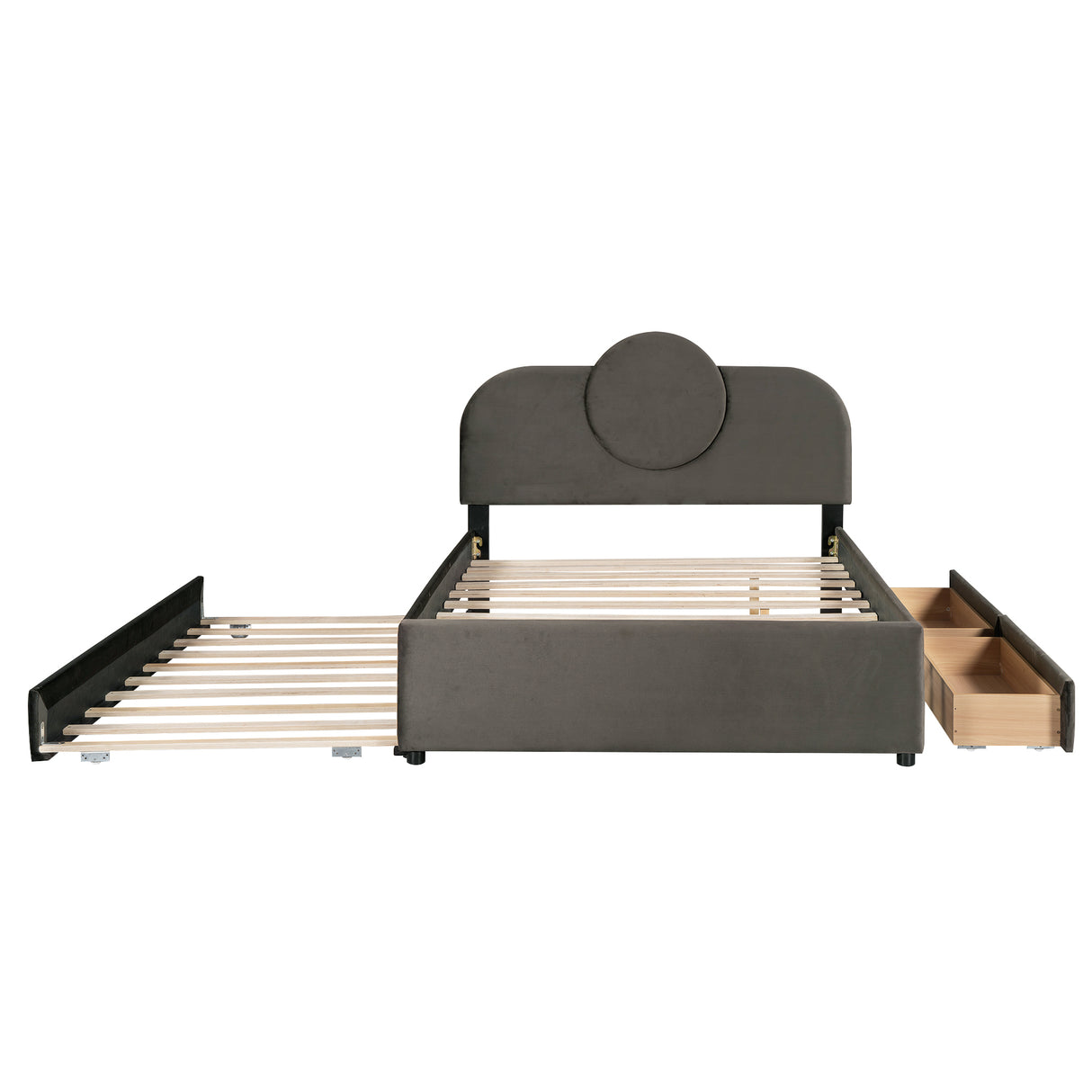 Full Size Upholstered Platform Bed with Multi-functional LED Headboard, Trundle and 2 Drawers, Gray