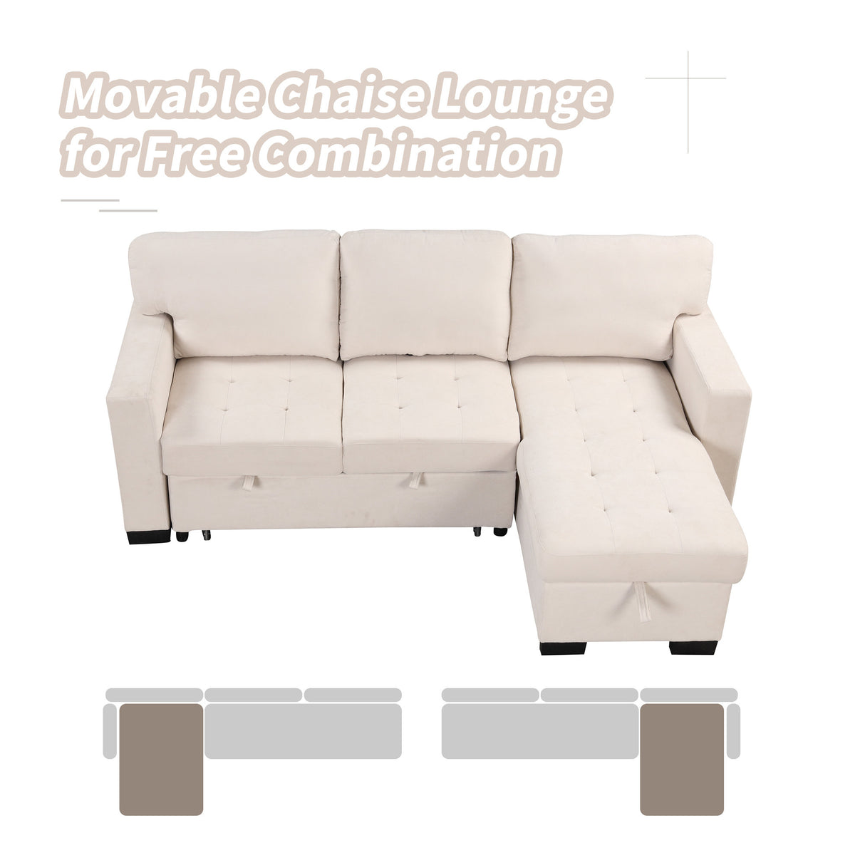 Sleeper Sofa Chaise with Storage  and USB Charger - Beige