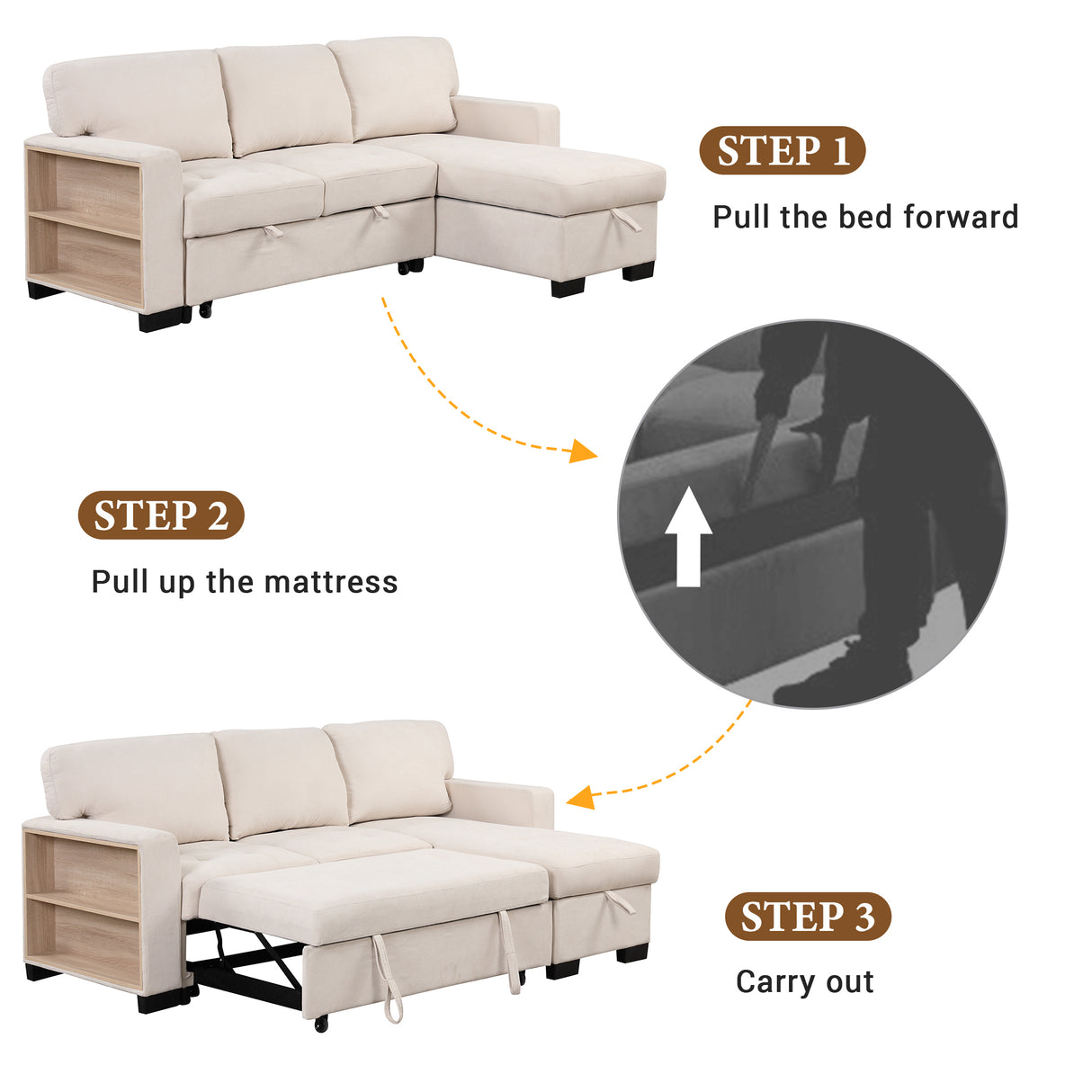 Sleeper Sofa Chaise with Storage  and USB Charger - Beige