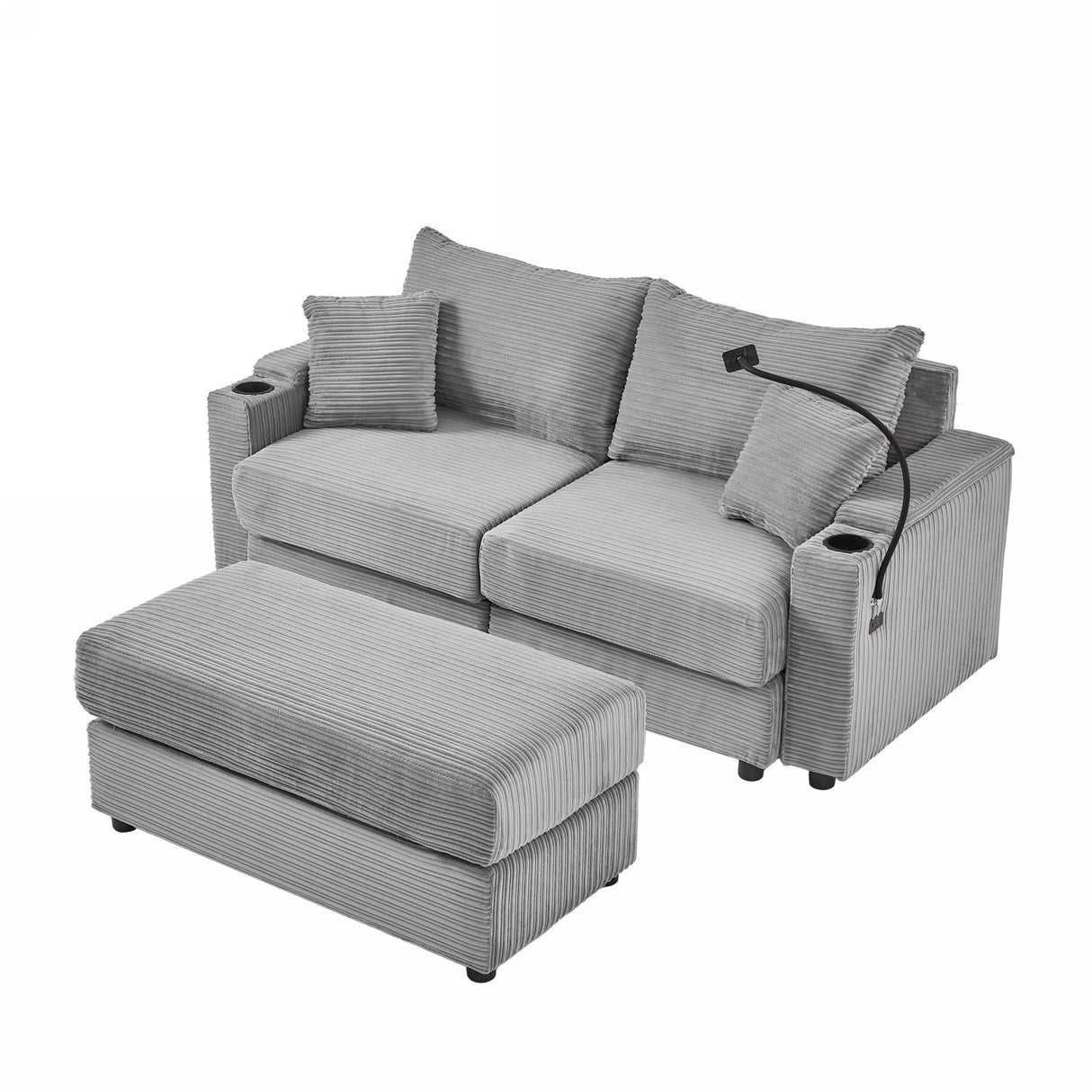 72.8" Modern Style Loveseat with Storage Space, Movable Ottoman, Two USB Ports, Two Cup Holders and Phone Holder - Gray