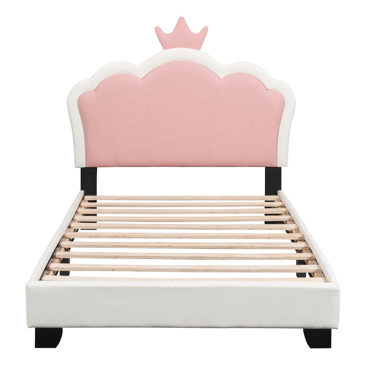 Twin size Upholstered Princess Bed With Crown Headboard, White+Pink