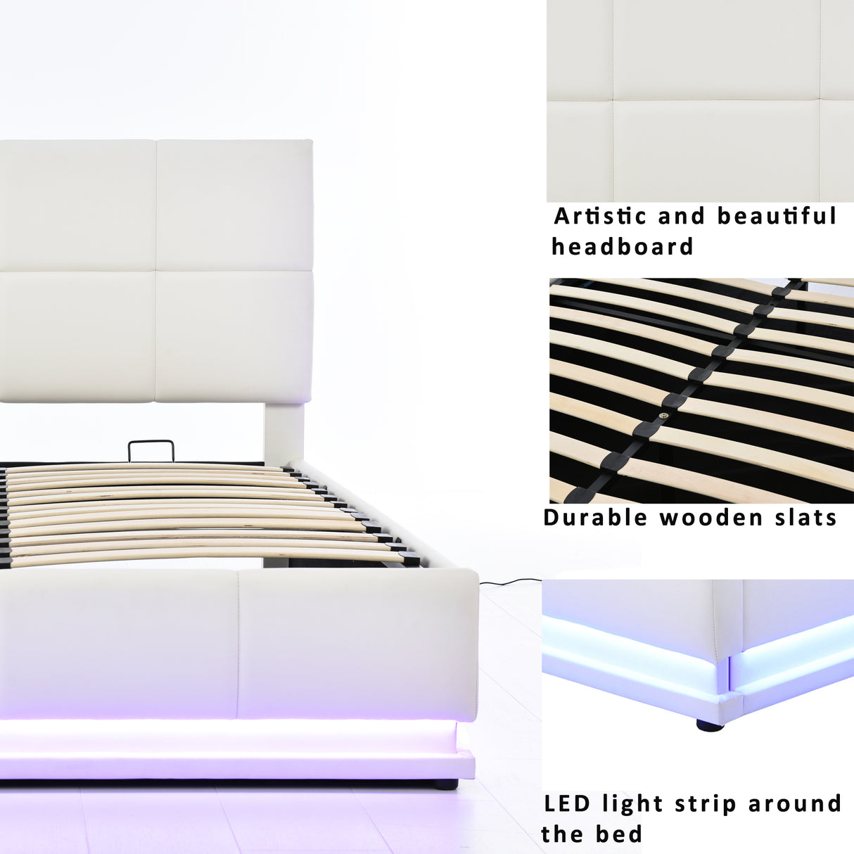 Full Size Tufted Upholstered Platform Bed with Hydraulic Storage System  with LED Lights and USB charger - White