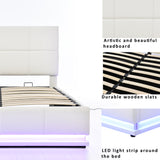 Full Size Tufted Upholstered Platform Bed with Hydraulic Storage System  with LED Lights and USB charger - White