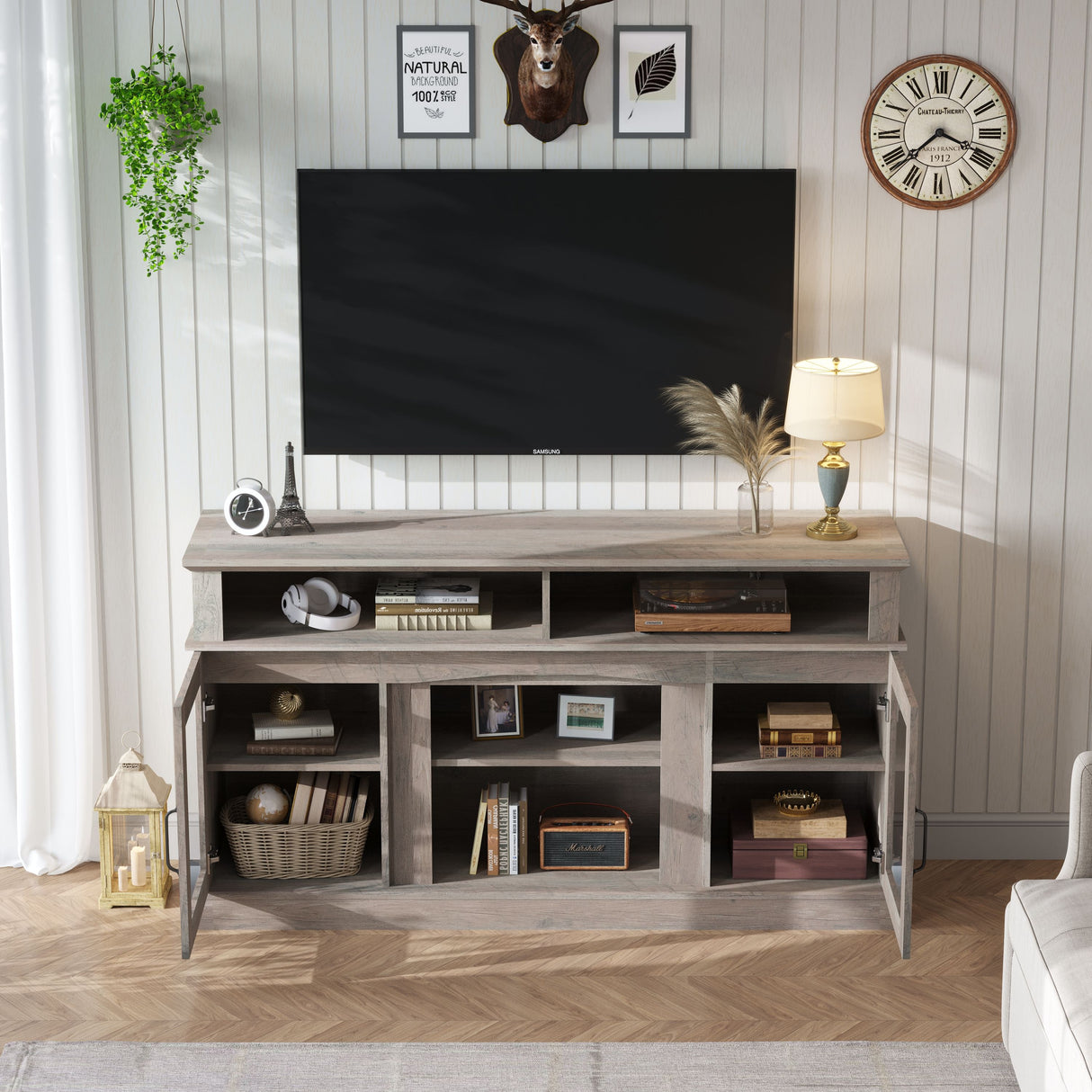 58.27" TV Stand With Storage Cabinet And Shelves - Gray