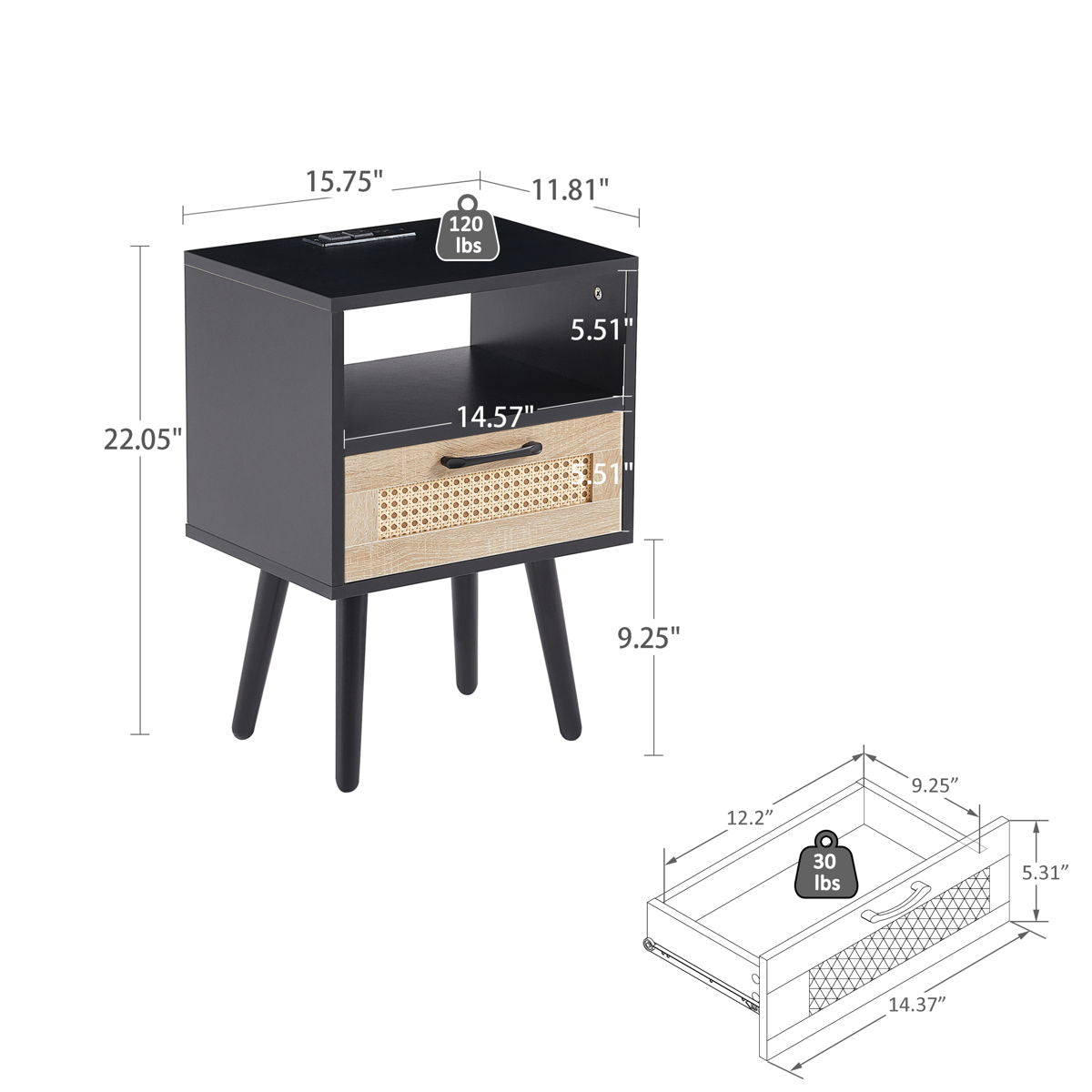 15.75" Rattan End Table With Power Outlet & USB Ports, Modern Nightstand With Drawer And Solid Wood Legs, Side Table For Living Room, Bedroom