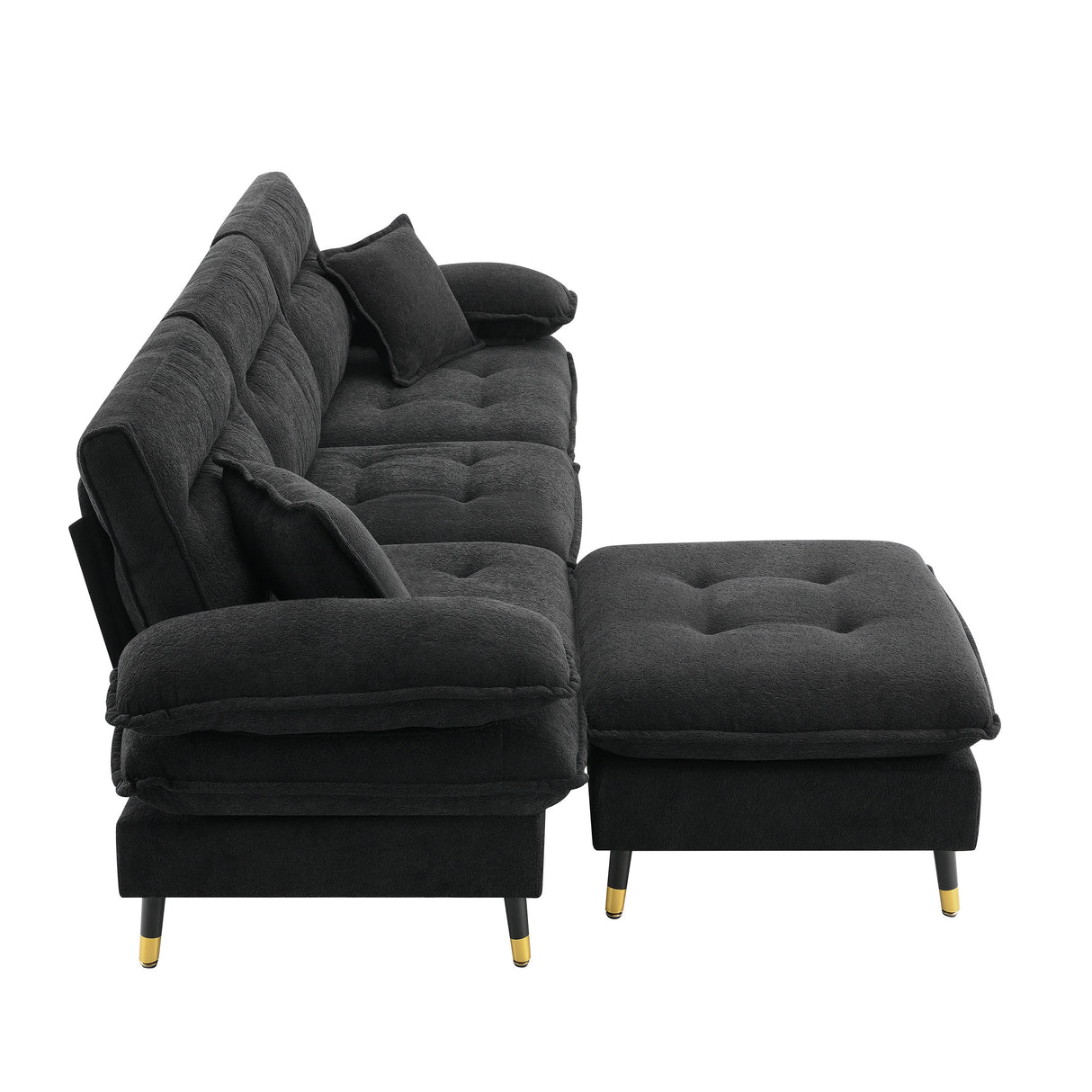 L shaped Sectional Sofa with Cloud Chenille Fabric and Ottoman - Black