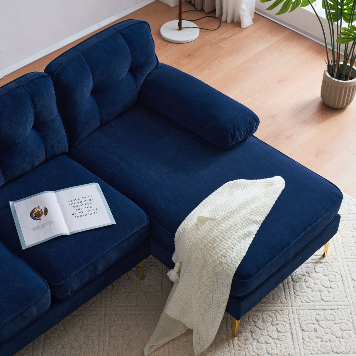 83" Modern Velvet Sofa Chaise - Blue