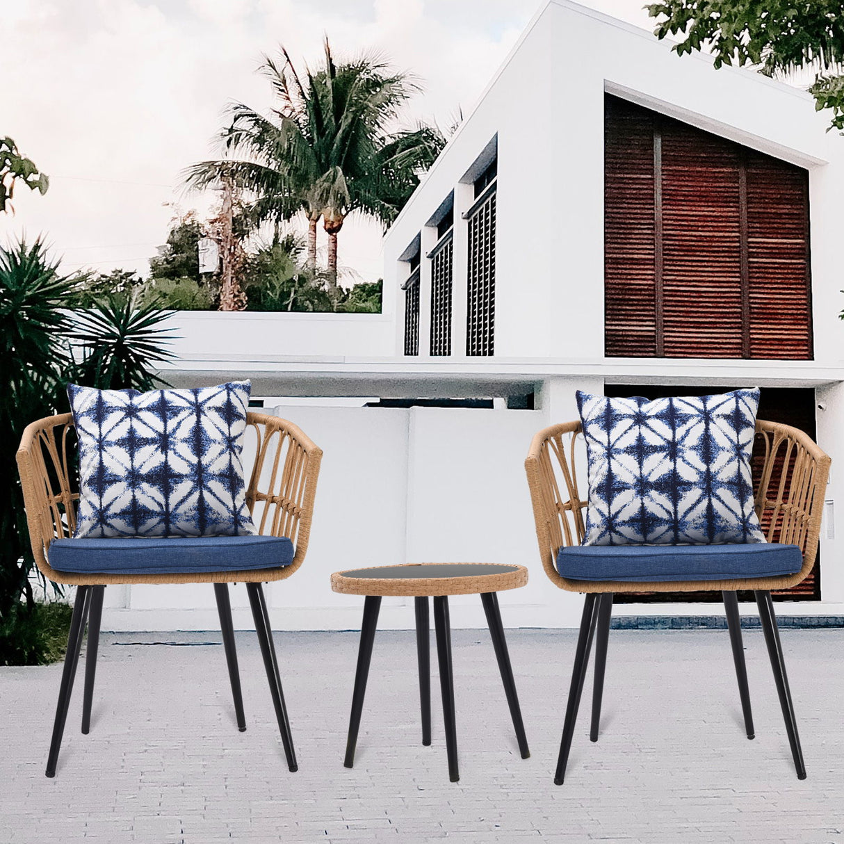 3 Piece Patio Bistro Set With Side TableWith Glass Top, Cushions & Lumbar Pillows - Boho Blue