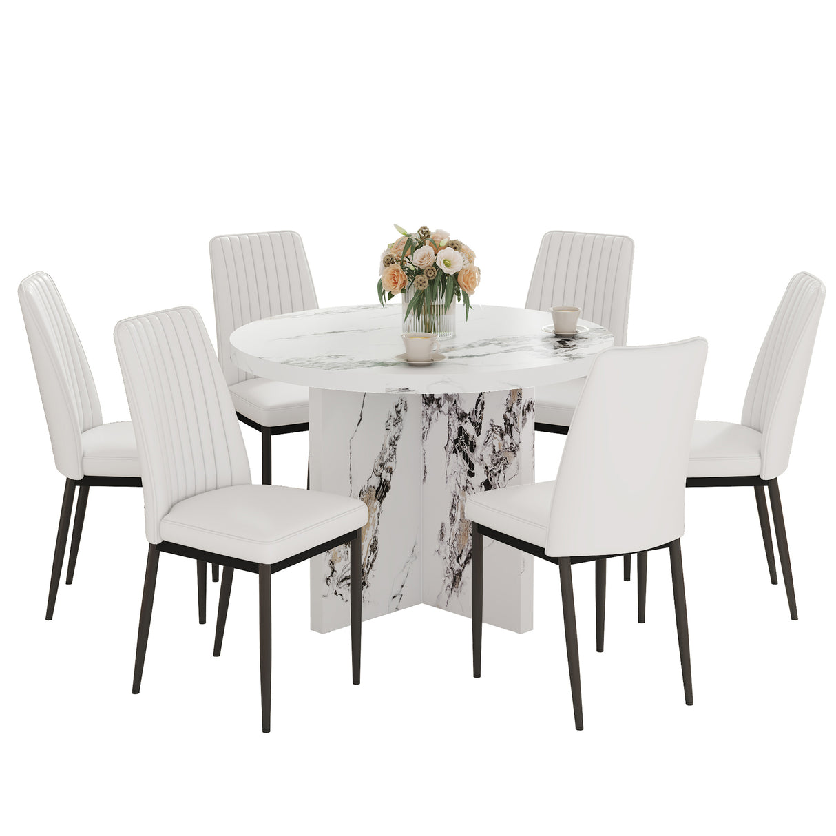 7 Piece Round Dining Table Set with 6 Upholstered Chairs - White