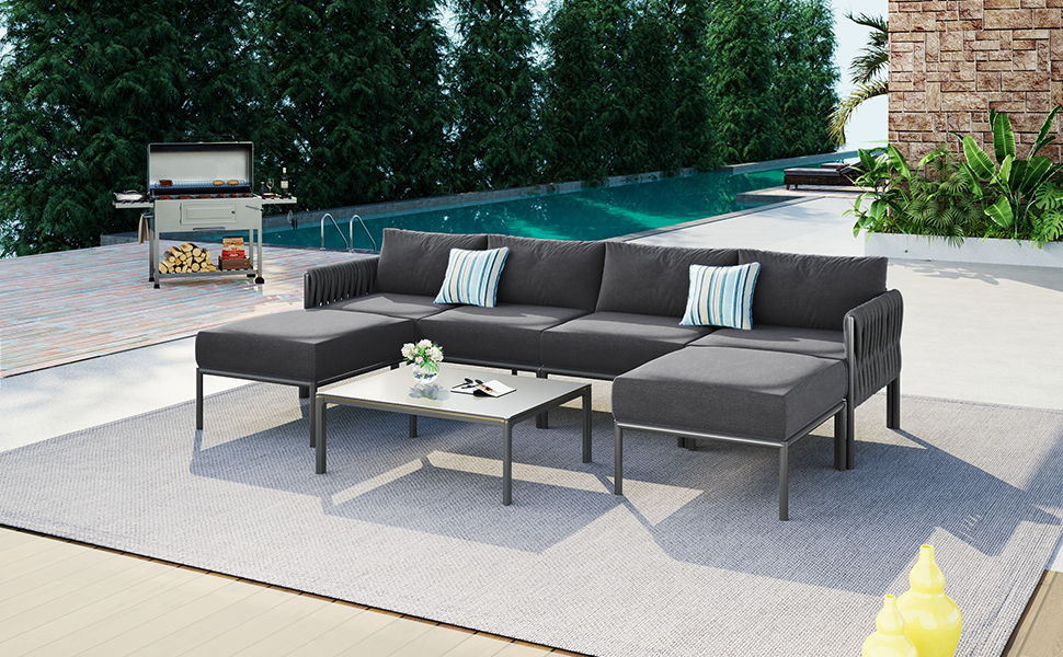 6 Piece Aluminum Patio Furniture Set With Removable Extra Thick Cushions - Gray