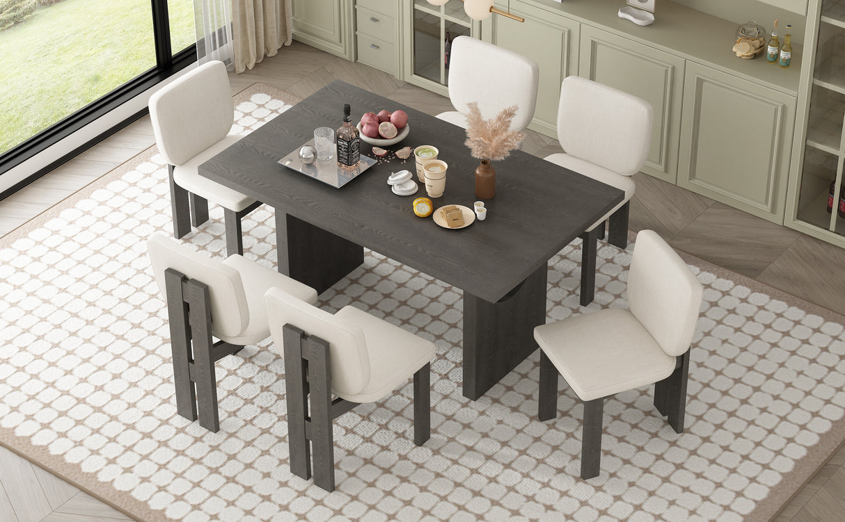 TREXM 7-Piece Retro Dining Set With Trestle Base and 6 Upholstered Chairs (Grey)