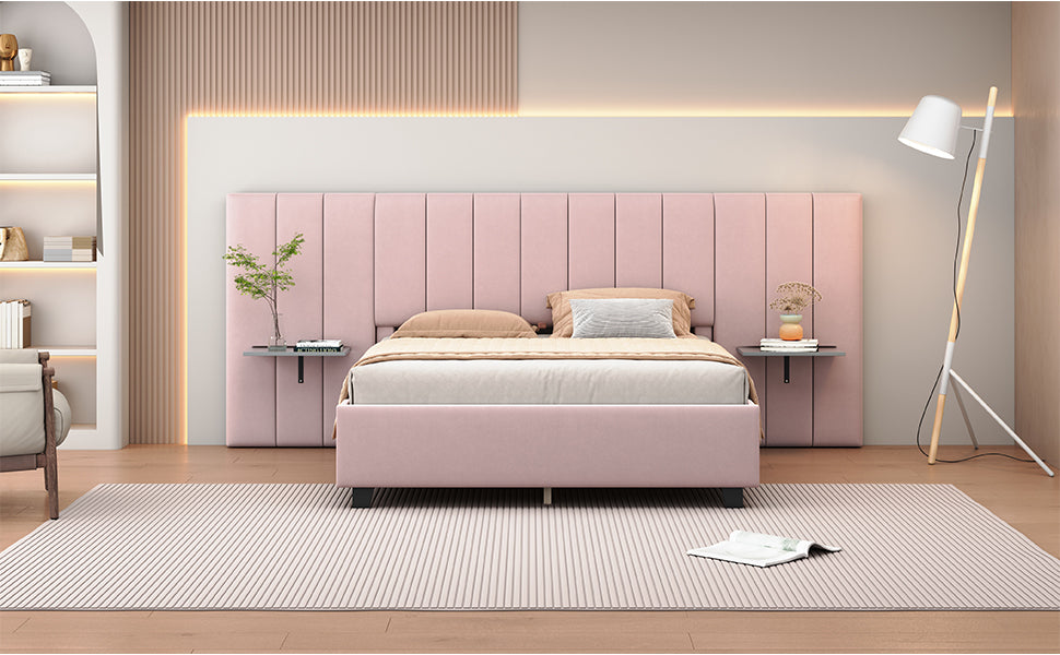 Queen Size Upholstered Platform Bed with Large Headboard - Velvet, Pink