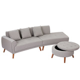 107" Contemporary Sofa with a Round Storage Ottoman and Three Removable Pillows - Grey