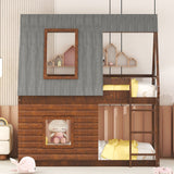 Wood Twin Size House Bunk Bed With Roof, Ladder And 2 Windows - Oak & Smoky Gray