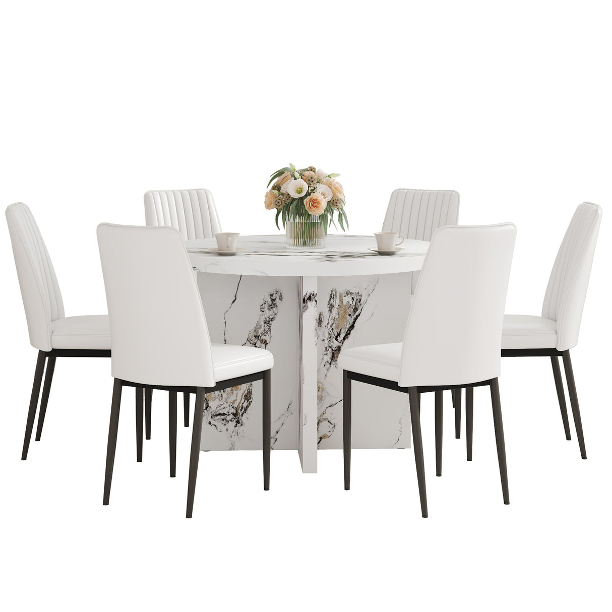 7 Piece Round Dining Table Set with 6 Upholstered Chairs - White