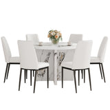 7 Piece Round Dining Table Set with 6 Upholstered Chairs - White