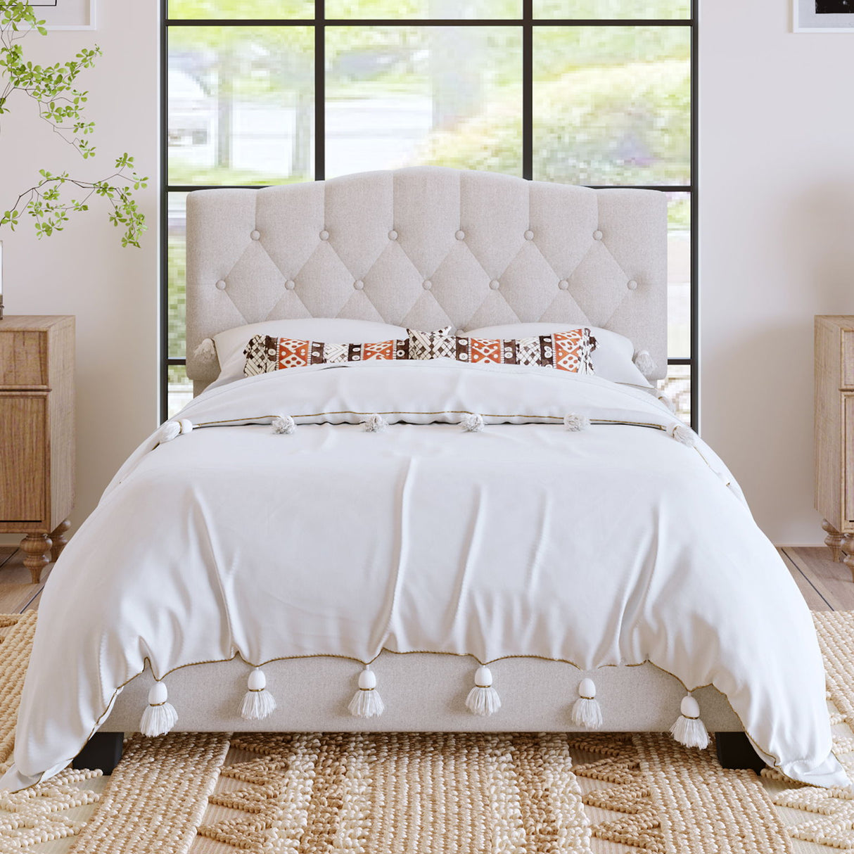 Full Upholstered Platform Bed With Diamond Tufted Details - Beige