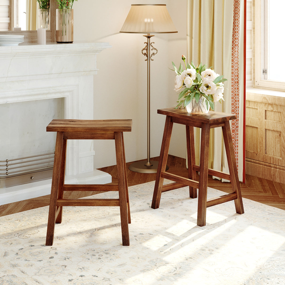 Rustic 3-piece 45" Stationary Kitchen Island Set with 2 Stools and 2 Open Shelves - Walnut + Off White