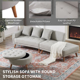 107" Contemporary Sofa with a Round Storage Ottoman and Three Removable Pillows - Grey