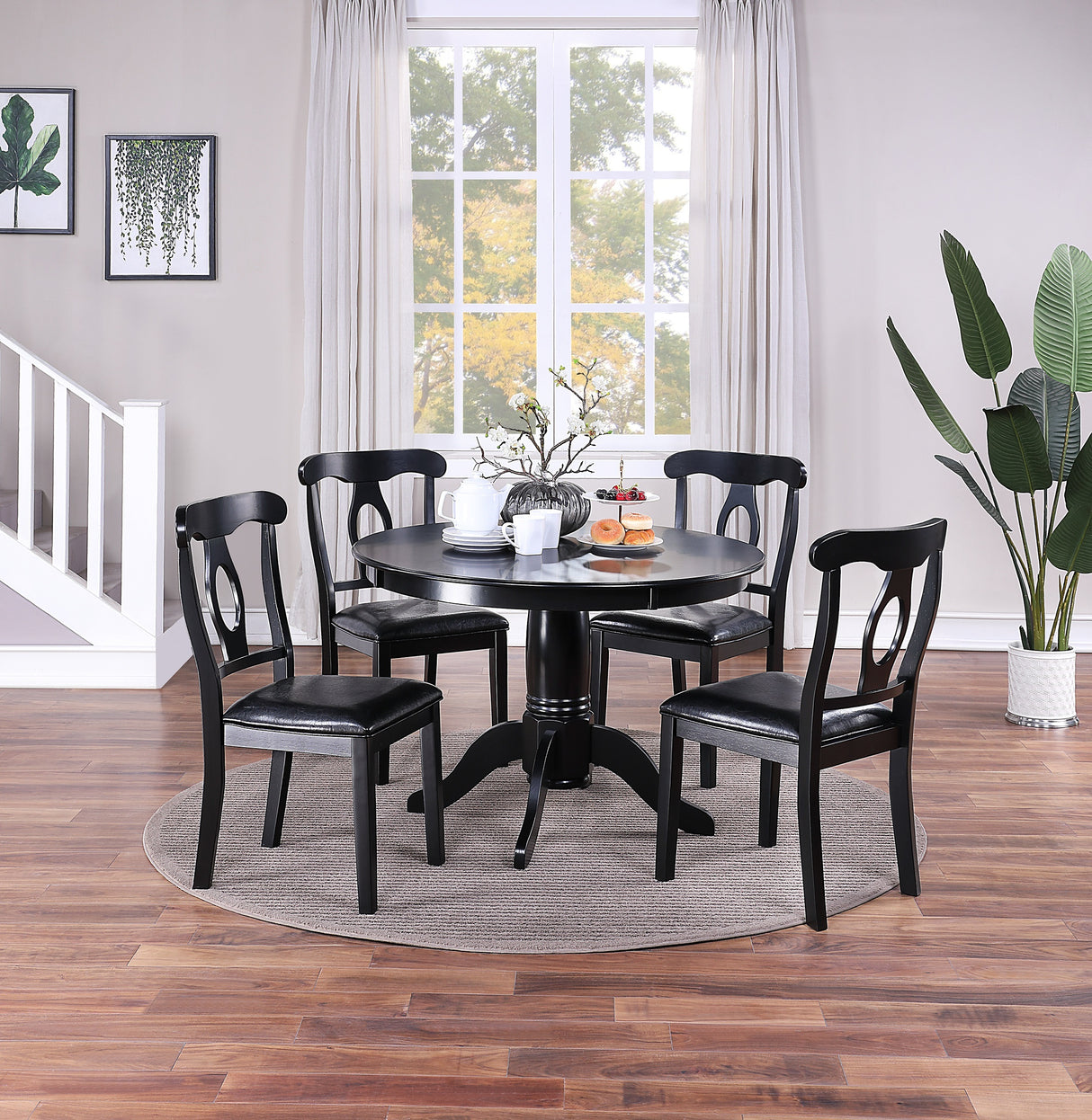 5 PC Round Dining Room Set with 4 Side Chairs - Black