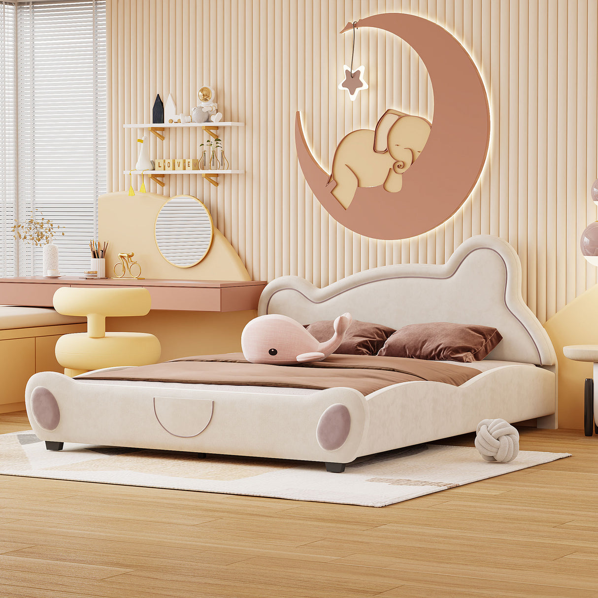 Queen Size Platform Bed with Bear-Shaped Headboard and Storage Pocket, Beige