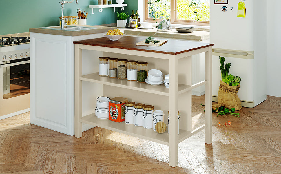 Rustic 3-piece 45" Stationary Kitchen Island Set with 2 Stools and 2 Open Shelves - Walnut + Off White