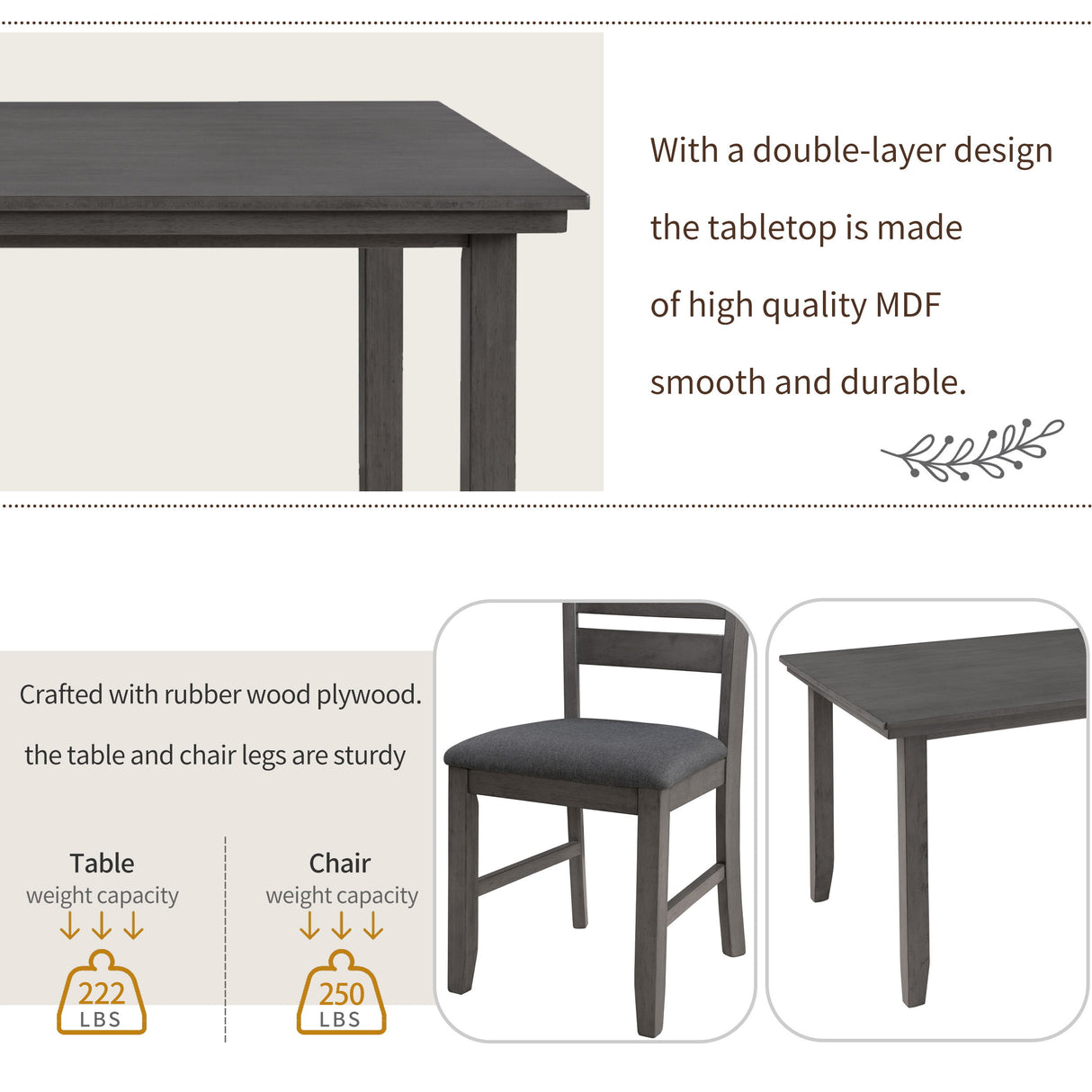 6 PC Dining Set With Table, Bench and 4 Chairs - Gray