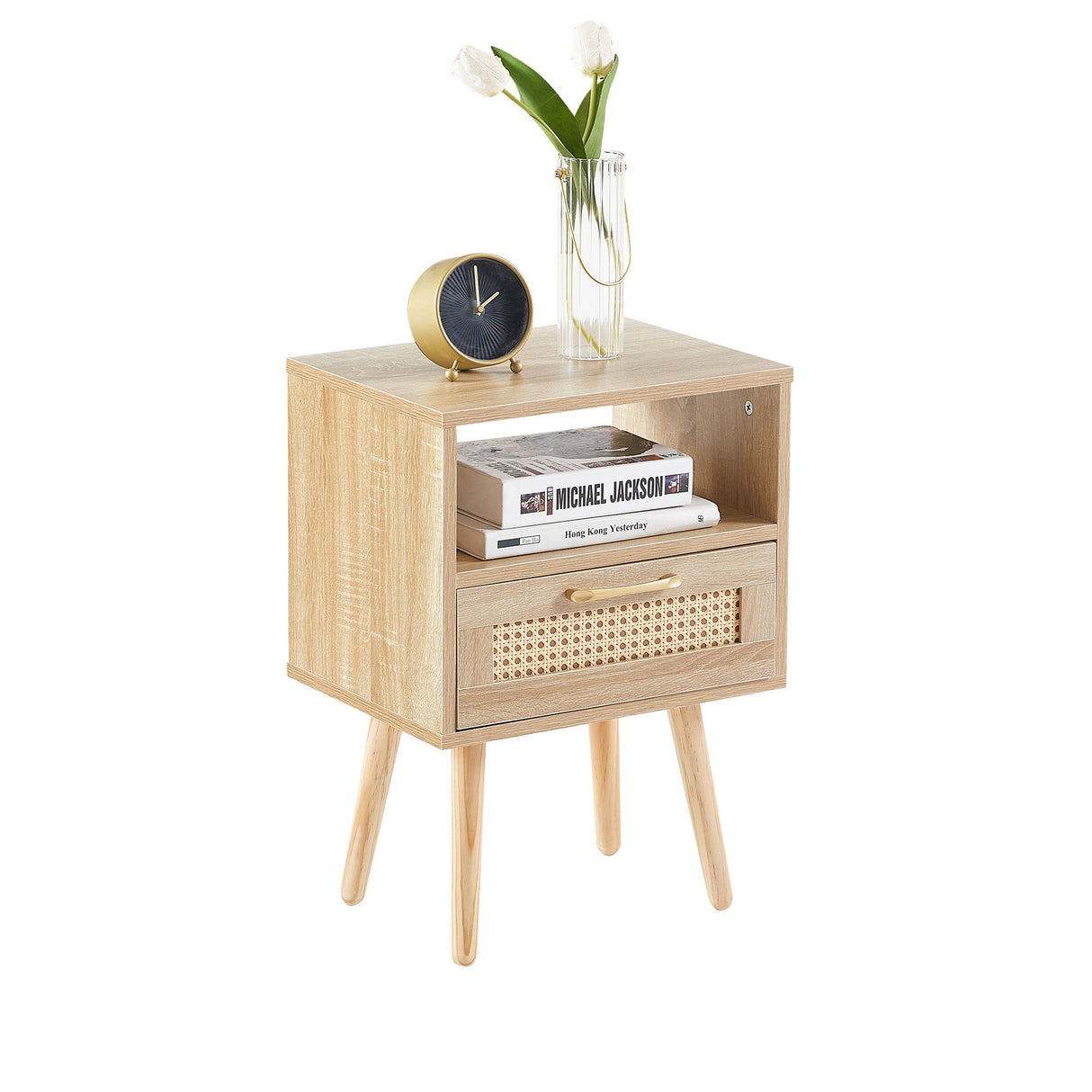 15.75" Rattan End Table With Drawer And Solid Wood Legs, Modern Nightstand, Side Table For Living Room, Bedroom