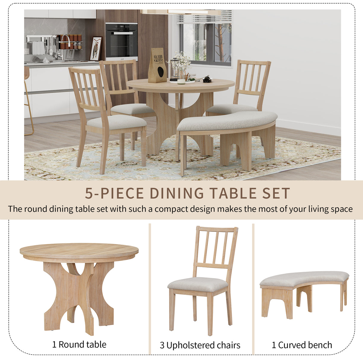 TREXM 5-Piece Dining Set with Curved Bench  and Side Chairs (Natural Wood Wash)