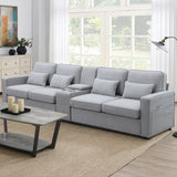 114.2" Upholstered Sofa with Console, 2 Cupholders, 2 USB Ports for Wired or Wireless Charge with 4 Pillows - Light Gray