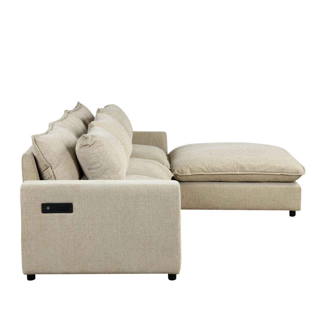 128" Chenille Cloud Sofa with Ottoman, Charging Ports and Three Back Pillows, Beige