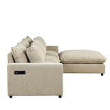 128" Chenille Cloud Sofa with Ottoman, Charging Ports and Three Back Pillows, Beige