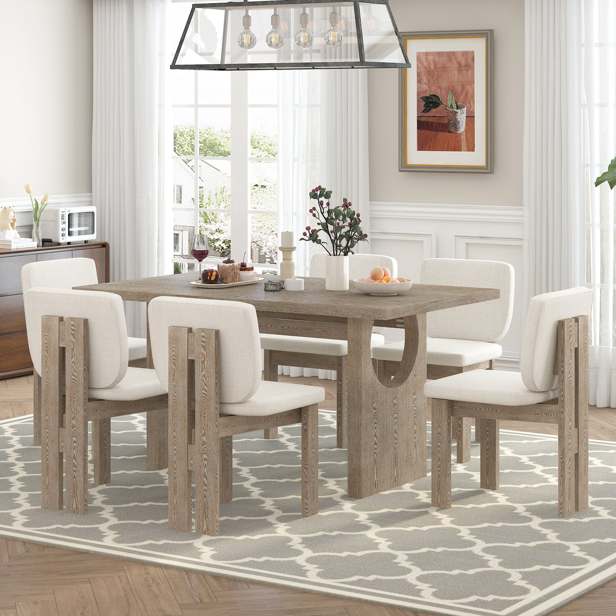 TREXM 7-Piece Retro Dining Set with Trestle Table and 6 Upholstered Chairs (Natural Wood Wash)