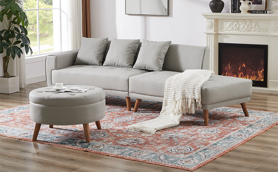 107" Contemporary Sofa with a Round Storage Ottoman and Three Removable Pillows - Grey